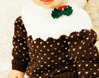 PDF Knitting Pattern - Child's Christmas Pudding Jumper Hat & Socks (6mths-4yrs) Aran - Instant Download PDF