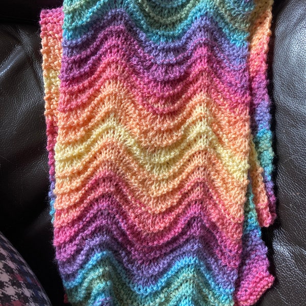 Rainbow ripples lightweight wavy scarf, or, wrap knitting pattern PDF file FRANSKITS OOAK