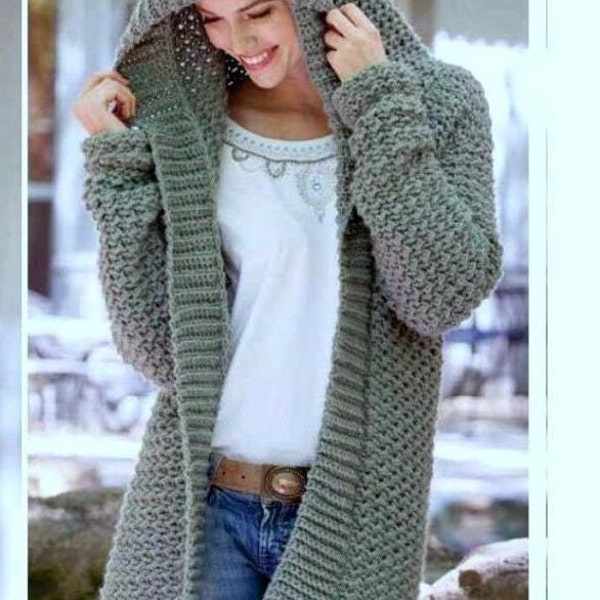 Vintage Crochet Pattern for Hooded Jacket Cardigan Coat Longline Oversized Hood Casual Chunky Bulky S to XXL Keep Warm this Winter PLUS SIZE