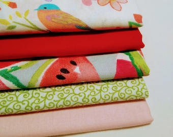 5 Piece "Summertime" Collection Fabric Bundle. Fat Quarters. High Quality Fabric.