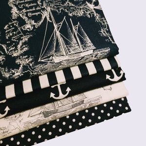 Sail Away Fabric Bundle. 5 Pieces Nautical Fat Quarters, High Quality Fabric. Great for Sewing or Quilting