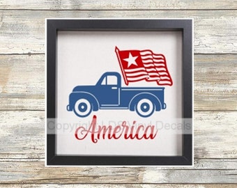 America Flag Vintage Truck | VINYL DECAL ONLY | 4th of July Decal for Glass Block | Vinyl Craft Decal