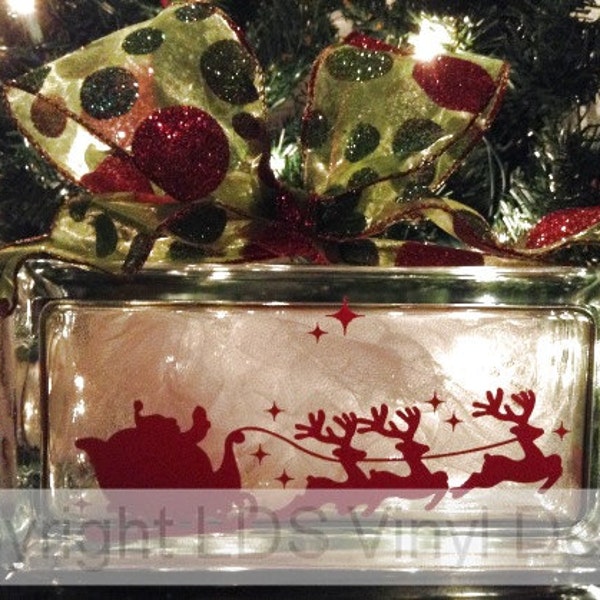 Santa's Sleigh, Reindeer, and Stars - Christmas Vinyl Lettering for Glass Blocks - Holiday Craft Decals - Rectangle Block