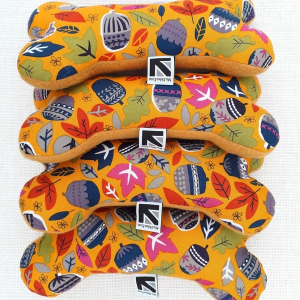 Gold Acorns and Leaves Print Fabric Squeaky Dog Toy Bone