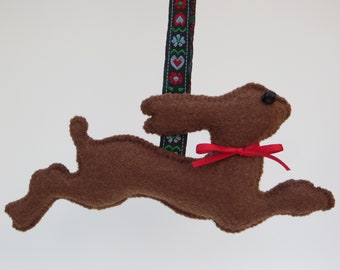 Leaping Brown Hare Hand Sewn Felt Ornament