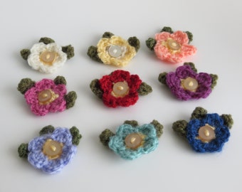 Crocheted Small Flower and Leaves Brooch Pin