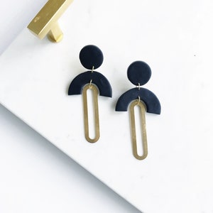 Colette in Black Handmade Polymer Clay and Brass Earrings Statement Earrings image 1