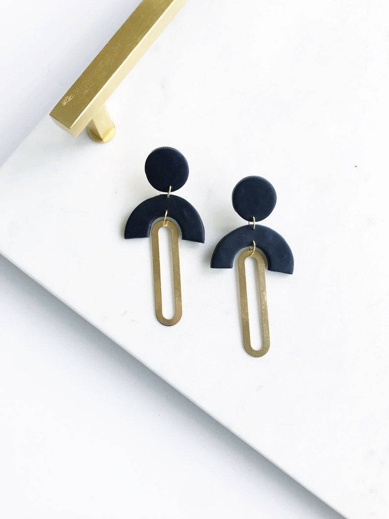 Colette in Black Handmade Polymer Clay and Brass Earrings Statement Earrings image 1