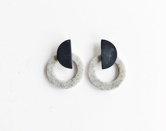 Corinne in Granite and Black- Handmade Polymer Clay Earrings | Statement Hoops