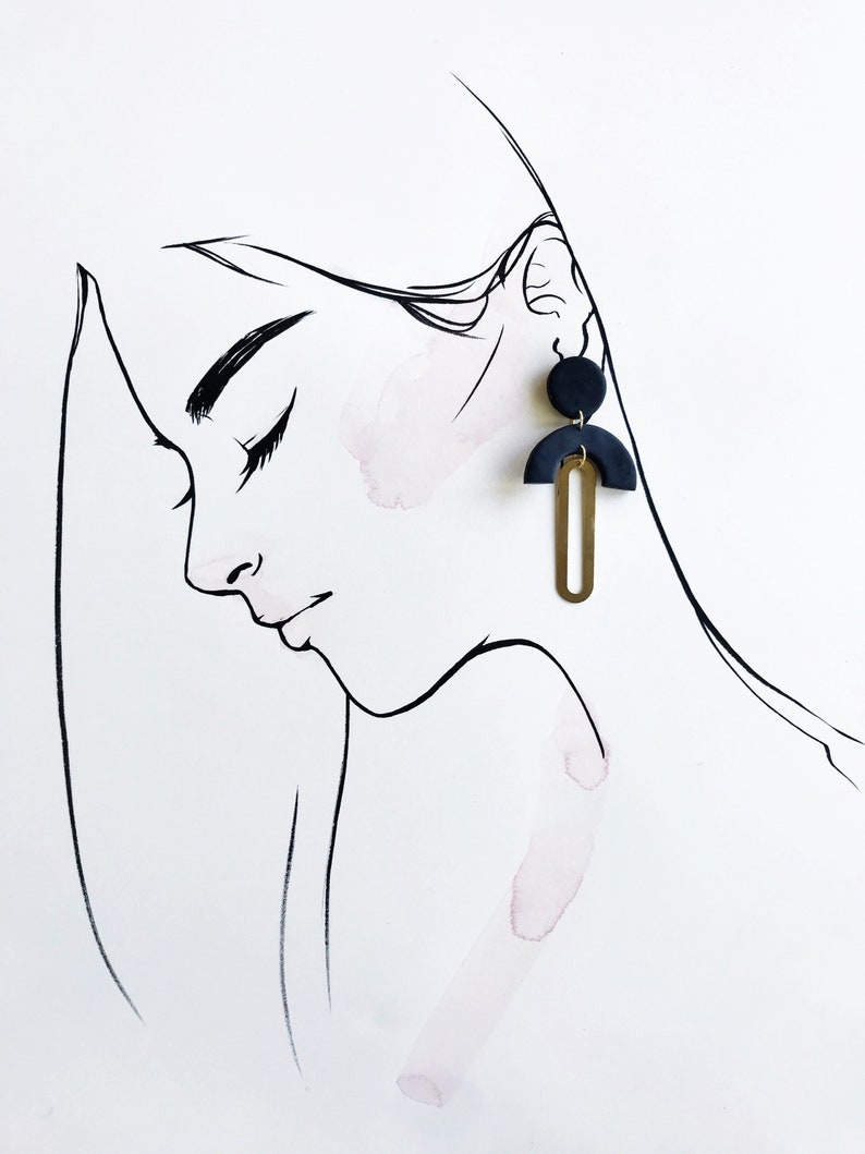 Colette in Black Handmade Polymer Clay and Brass Earrings Statement Earrings image 5