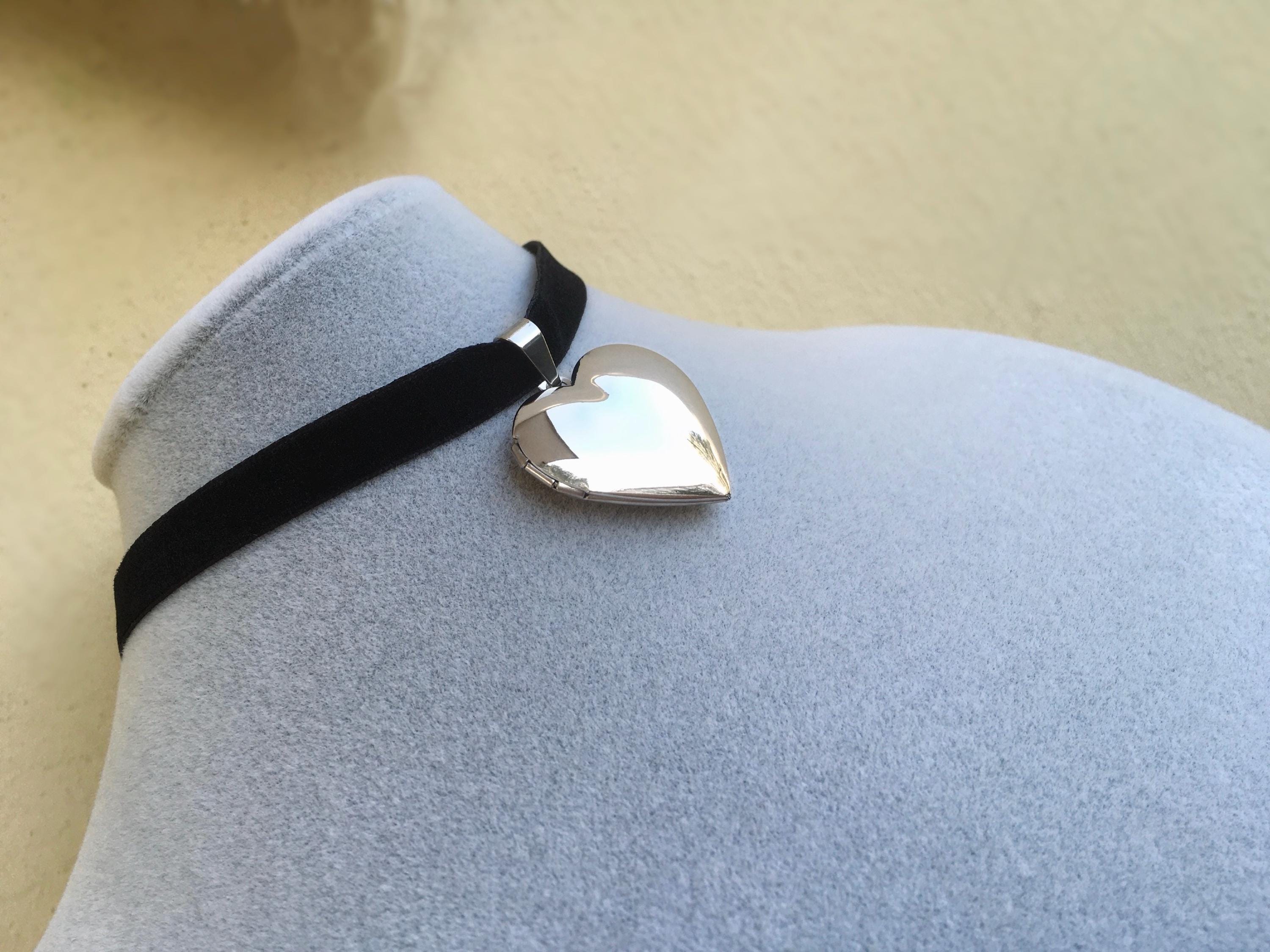 Heart Locket Choker Necklace - Stainless Steel - Ribbon Satin Velvet ...