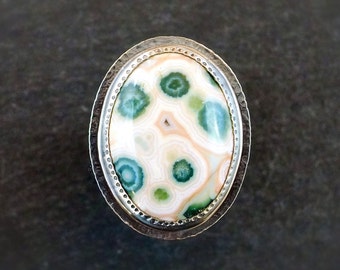 Ocean jasper ring. Sterling silver orbicular ocean jasper ring in white, green & pink. Large gemstone statement ring. Modern rustic ring.