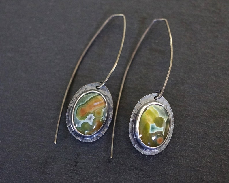 Orbicular jasper gemstone earrings Teal green ocean jasper long dangle earrings Long ear wires. Ocean jasper earrings
