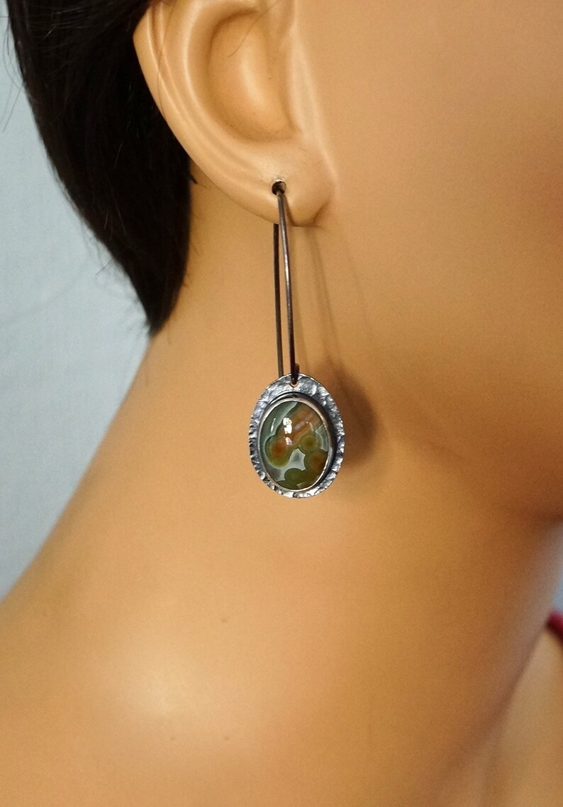 Orbicular jasper gemstone earrings Teal green ocean jasper long dangle earrings Long ear wires. Ocean jasper earrings