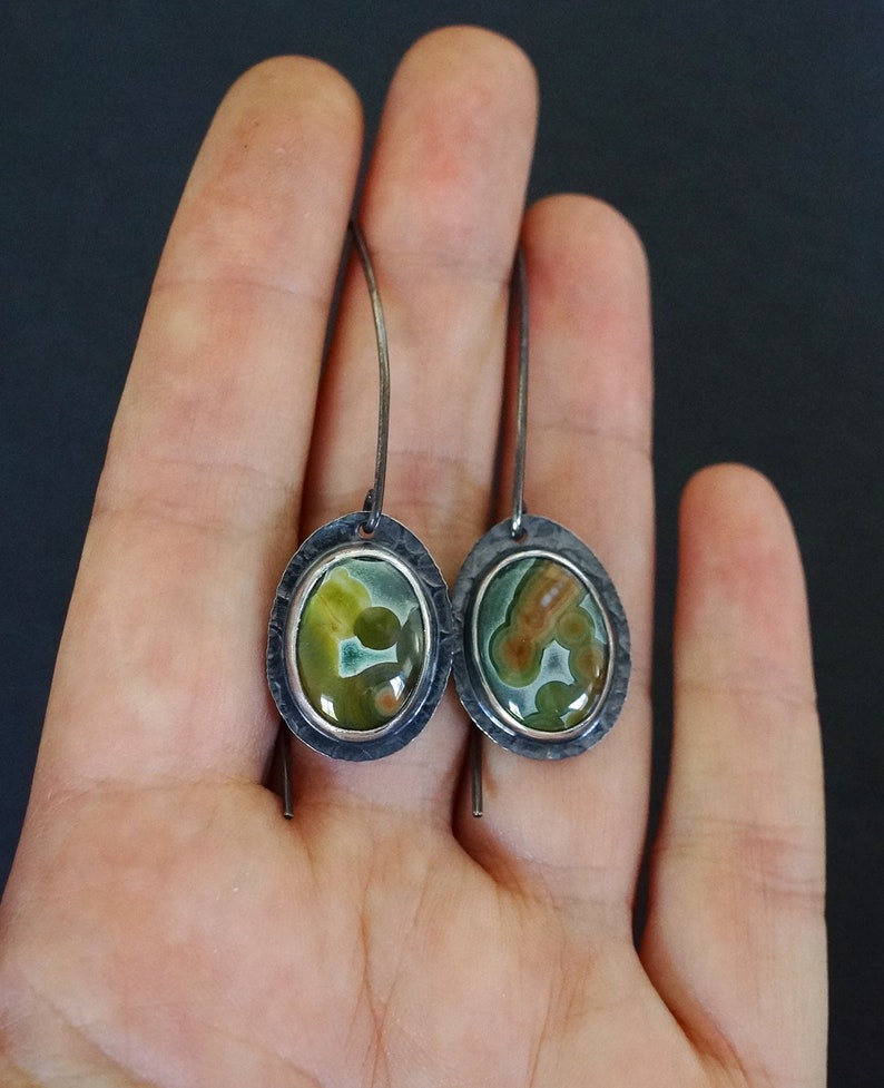 Orbicular jasper gemstone earrings Teal green ocean jasper long dangle earrings Long ear wires. Ocean jasper earrings