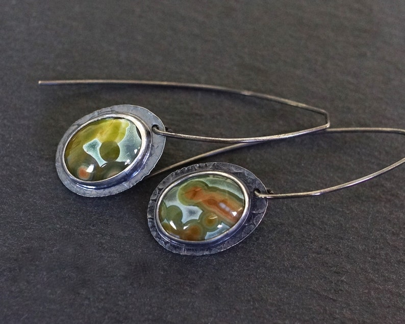 Orbicular jasper gemstone earrings Teal green ocean jasper long dangle earrings Long ear wires. Ocean jasper earrings