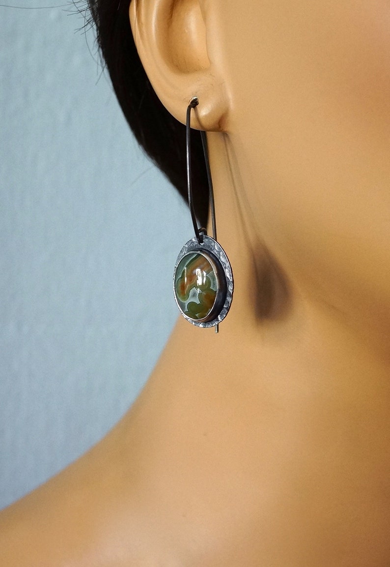 Orbicular jasper gemstone earrings Teal green ocean jasper long dangle earrings Long ear wires. Ocean jasper earrings