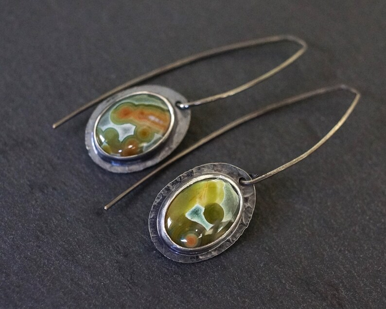 Orbicular jasper gemstone earrings Teal green ocean jasper long dangle earrings Long ear wires. Ocean jasper earrings