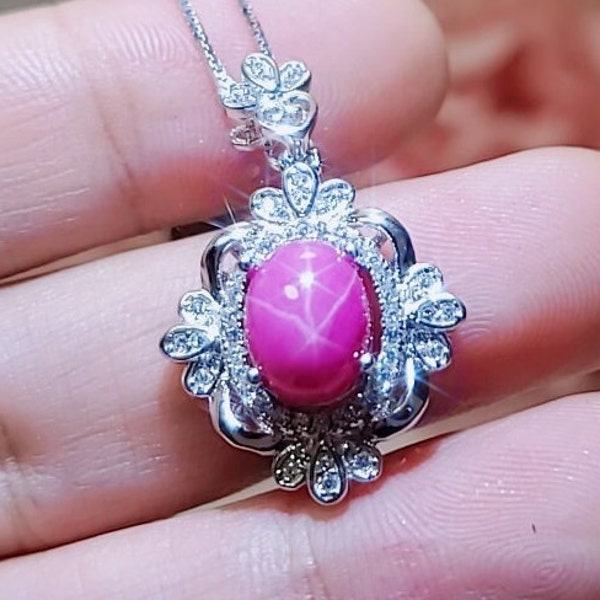 Star Ruby Necklace - Gemstone Royal Flower Ruby Pendant - 18KGP @ Sterling Silver -  July Birthstone #749