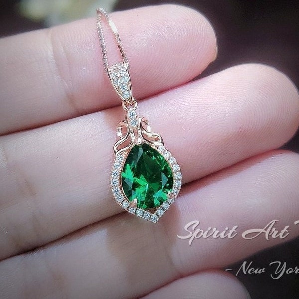 Dainty Emerald Necklace - Rose Gold coated Sterling Silver - Lab Created Green Emerald Pendant -  May Birthstone #187