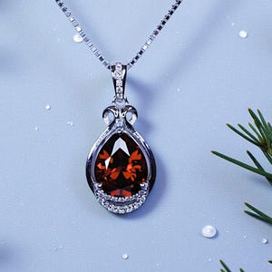 Teardrop Garnet Necklace - White Gold plated Sterling Silver - 2.75 CT Red Garnet Pendant - January Birthstone #438