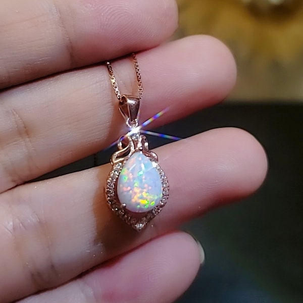 Rose Gold Fire Opal Necklace Sterling Silver Teardrop Tiny White Opal Pendant Solid 18kgp 074