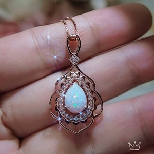 Large Opal Necklace - Rose Gold Coated 925 Sterling Silver Flower Leaf style - Teardrop Opal Pendant #608