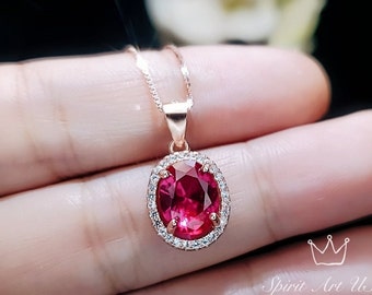 Solitaire Ruby Necklace, Rose Gold Sterling Silver Oval Red Ruby Jewelry - High Quality Gemstone Halo Ruby Pendant #129