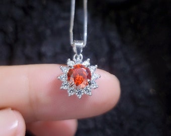 Tiny Sunstone Necklace - Sterling Silver Tangerine Sapphire Red Orange Spessartite Garnet Necklace - Princess Diana Style Sunflower  013