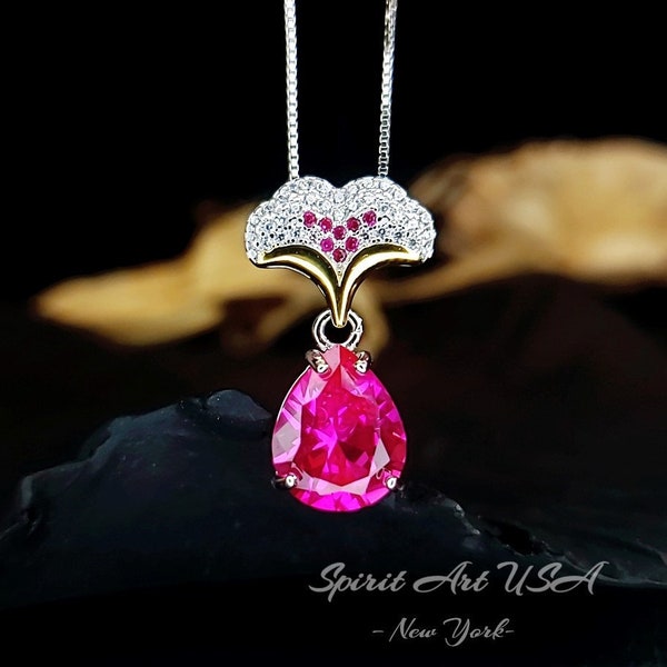 Pink Sapphire Necklace Ginkgo biloba Pendant - 18kgp @ Sterling Silver - Large Teardrop  3.5 CT Fuchsia Sapphire Jewelry Gemstone Leaf #868