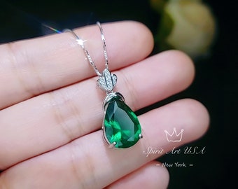 Sterling Silver Emerald Green Gemstone Necklace Free Shipping Mother/'s Day Gift Designer Necklace Modern Pendant