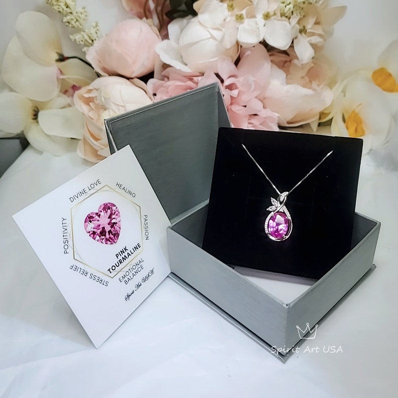 Large Pink Tourmaline Necklace Diamond Leaf Oval 6 CT Fuchsia Red Tourmaline Pendant Sterling Silver White Gold coated Bridal Jewelry