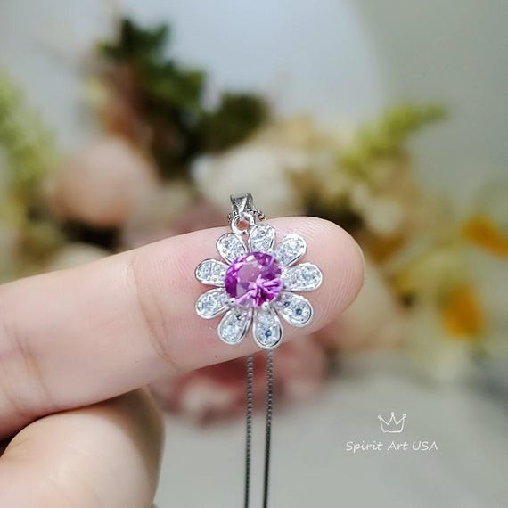 Pink Tourmaline Necklace - 18KGP @  Sterling Silver Sunflower Pendant  Tourmaline jewelry Pink gemstone Flower Style 056