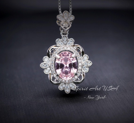 Pink Morganite Necklace - Sterling Silver Flower Gemstone 2.5 CT Morganite Pendant #643