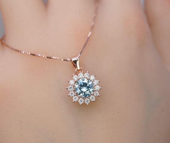 Aquamarine Necklace - Tiny Rose Gold Over Sterling Silver Halo Solitaire Blue Princess Diana Style - aquamarine Jewelry White gold option072