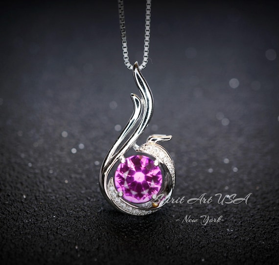 Pink Sapphire Necklace - Sterling Silver - Phoenix Necklace - Round 2 CT Pink Sapphire Pendant -  Phoenix Bird Jewelry - 18KGP #692