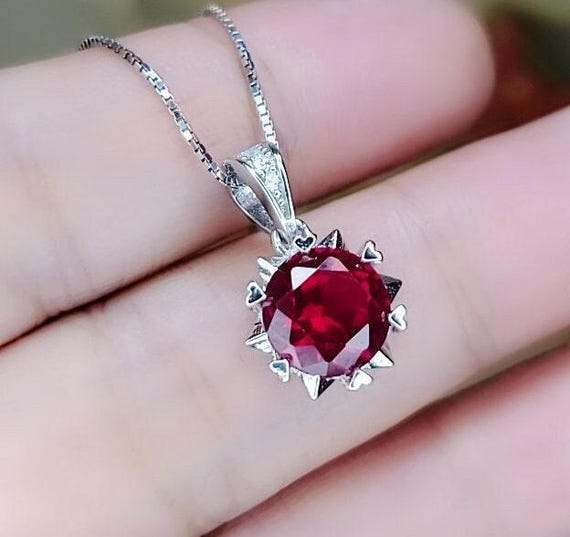Gemstone Star Red Ruby Necklace - 18kgp @ Sterling Silver -  2.2 CT Red Ruby Pendant - Tiny Dainty July Birthstone 096