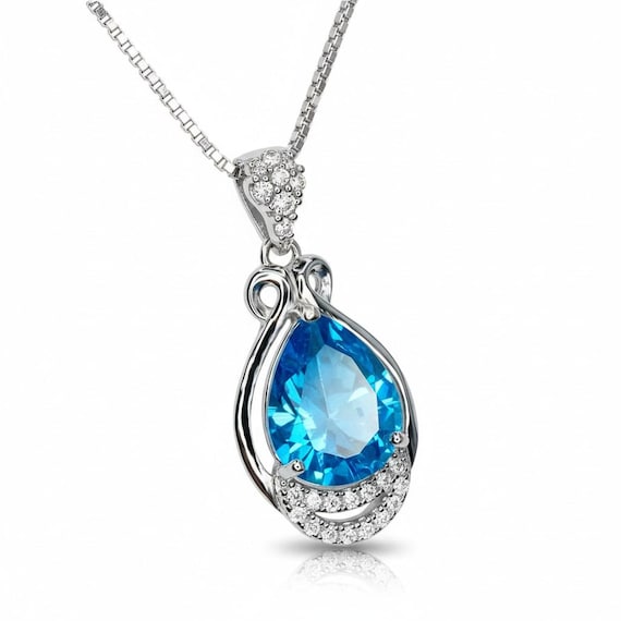 Sterling Silver Teardrop Swiss Blue Topaz Necklace 2.75 ct Teardrop Sim Gemstone 14k White Gold Plated Birthstone  #933