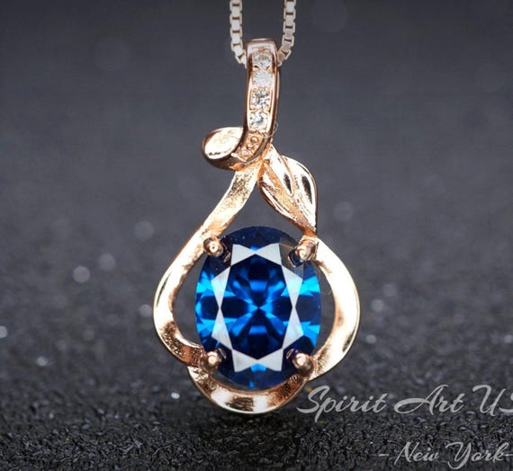 Rose Gold Blue Sapphire Necklace Sterling Silver Flower Petal 2 CT Blue Sapphire Pendant #166