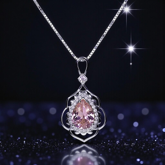 Morganite Necklace Gemstone Leaf Style 18kgp @ Sterling Silver - 2.75 CT Pink Gemstone - June Birthstone - Teardrop Morganite Jewelry #731