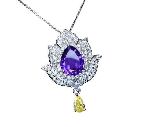 Amethyst Necklace - Gemstone Lotus Flower Pendant - 18kGP @ Sterling Silver -Teardrop Halo  Genuine Amethyst Pendant #924