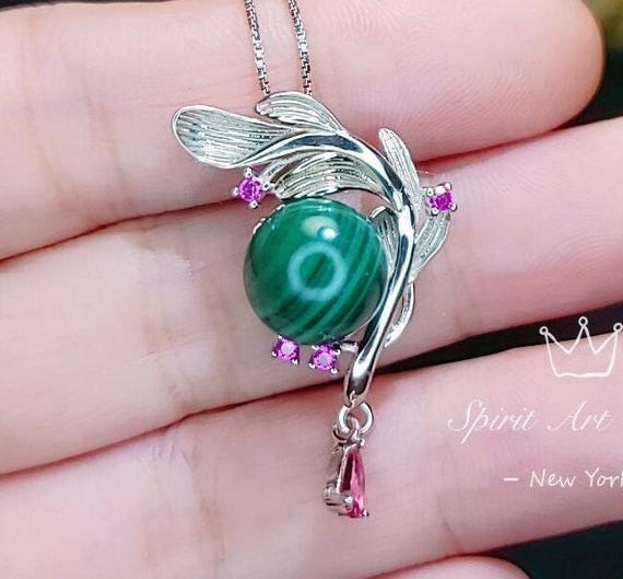 Genuine Malachite Necklace - White Gold Sterling Silver Feather Dangle Pendant -  Leaf Heart Chakra Malachite Pendant Jewelry #527