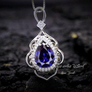 Collar grande de tanzanita - Colgante de tanzanita en forma de hoja de piedra preciosa creada en laboratorio - 18 kg - Plata de ley - Corte de pera estilo lágrima - 2,75 ct n.° 714