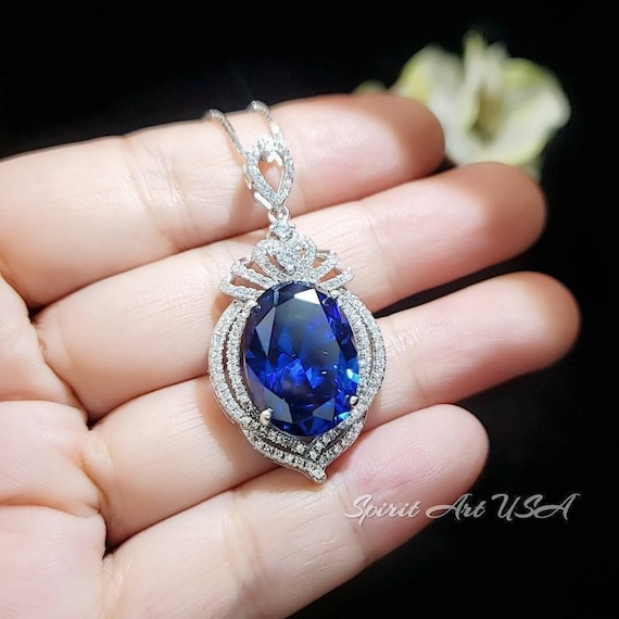 Large Sapphire Sterling Silver Necklace 14 ct Oval Royal Lab Created Blue Sapphire Gemstone Crown Pendant 18k White Gold Plated  #919