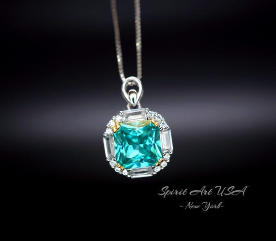 Cushion Cut Green Paraiba Necklace - Paraiba Pendant  Paraiba Jewelry Green Tourmaline Necklace - 18KGP @ Sterling Silver Square Green #973
