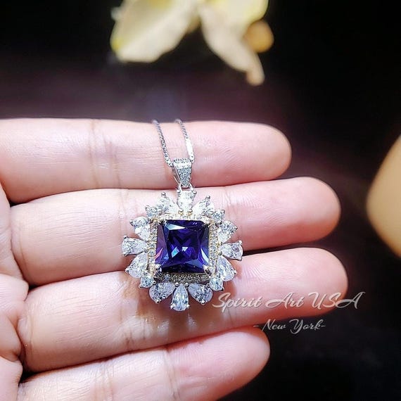Large Square Tanzanite Necklace -  Gemstone Halo Square  Sterling Silver 18KGP - 7 CT 10 MM Lab Created Tanzanite Jewelry #810