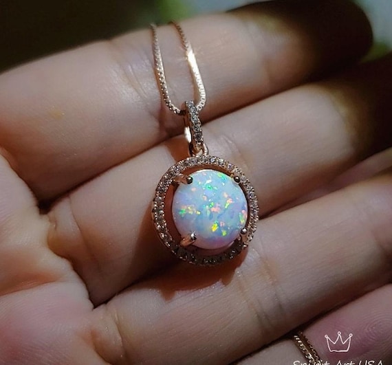 Opal Necklace -  Rose Gold  Coated Sterling Silver White Opal Pendant, Wedding Bridal Necklace #165