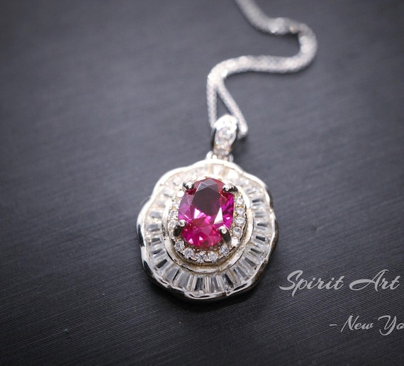 Tiny Ruby Necklace Gemstone Lotus 1 ct Red Gemstone Pendant  White Gold Plated Tiny July Birthstone #543
