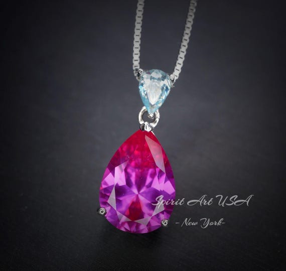 Large Pink Sapphire Necklace -  5.5 CT Teardrop Fuchsia Pink Sapphire Pendant - White Gold Coated Sterling Silver Pink Sapphire Jewelry #747