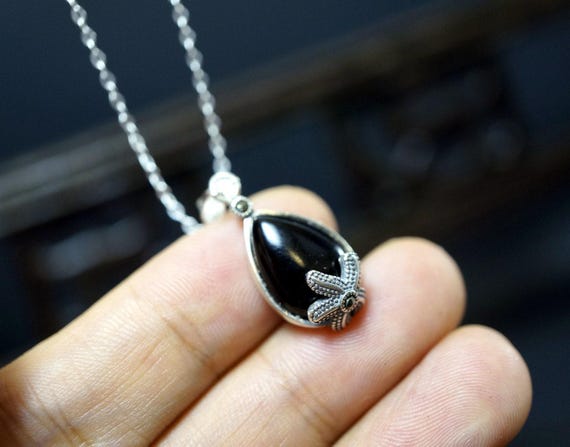 Sterling Silver Black Onyx Necklace - Tiny Teardrop Black Stone Pendant - Black Agate Root Chakra Healing Necklace 1053